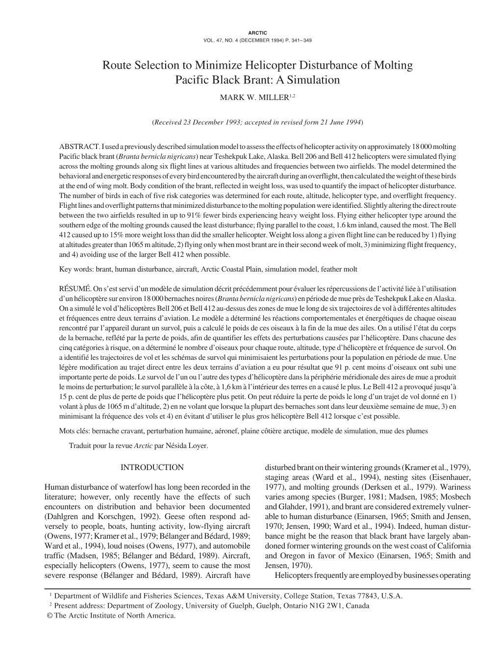 Route Selection to Minimize Helicopter Disturbance of Molting Pacific Black Brant: a Simulation MARK W