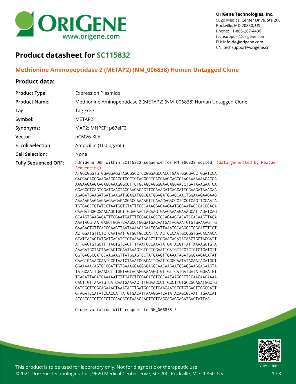 Methionine Aminopeptidase 2 (METAP2) (NM 006838) Human Untagged Clone Product Data
