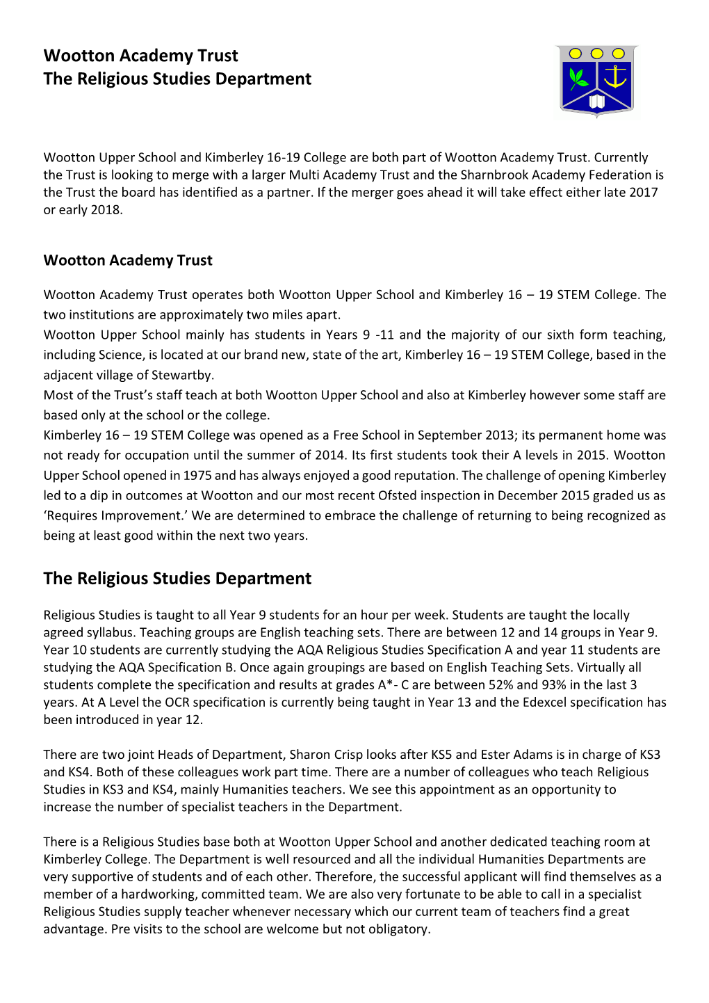 Wootton Academy Trust the Religious Studies Department the Religious
