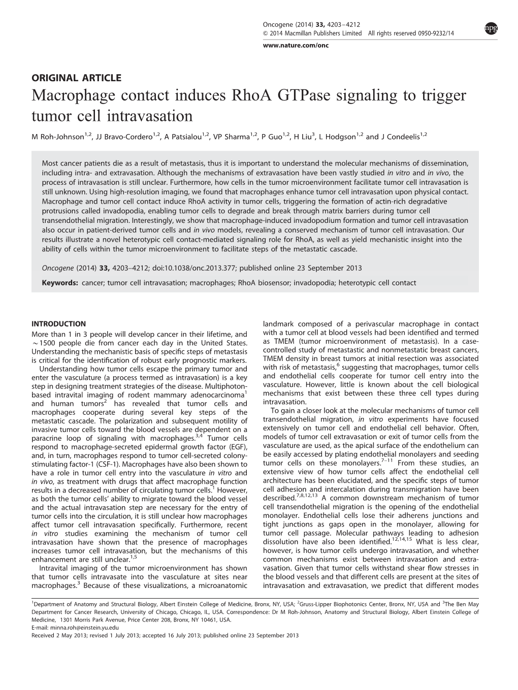 Macrophage Contact Induces Rhoa Gtpase Signaling to Trigger Tumor Cell Intravasation