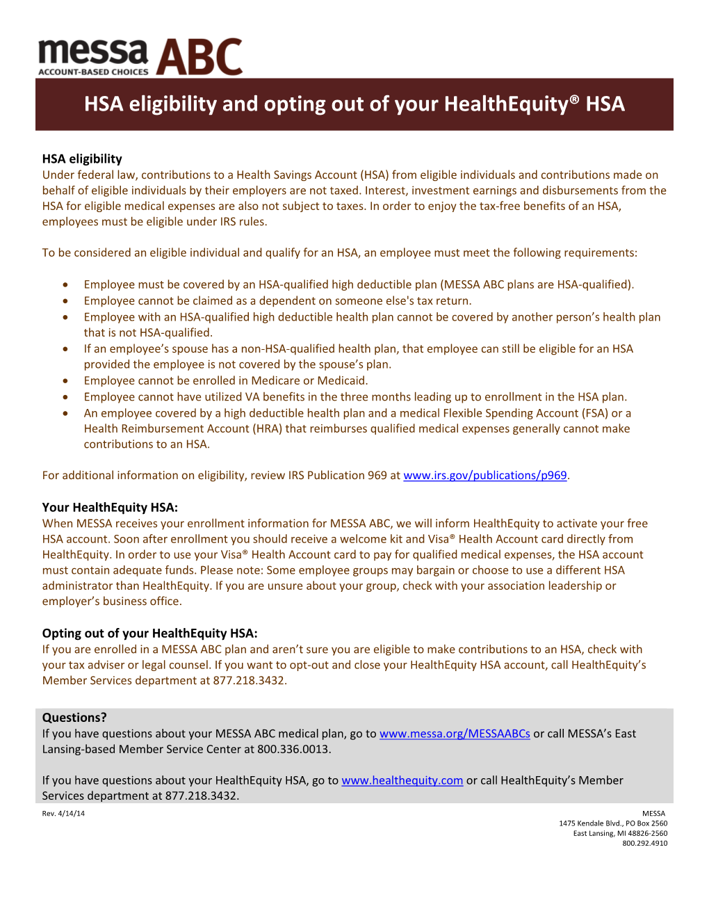 HSA Eligibility and Opting out of Your Healthequity® HSA