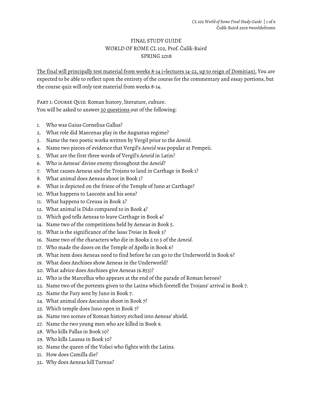 FINAL STUDY GUIDE Cl102 Worldofrome Fall 2019