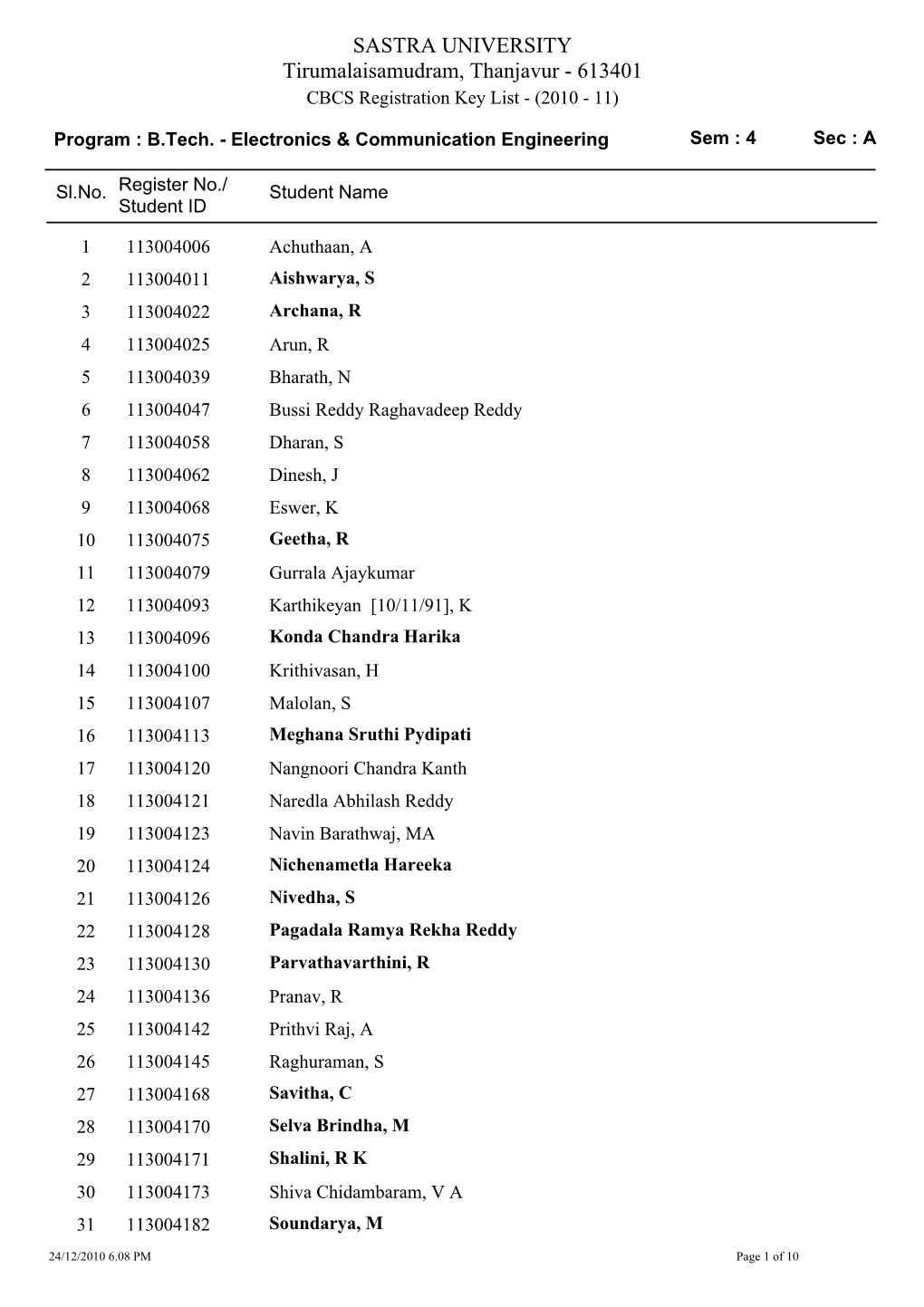 SASTRA UNIVERSITY Tirumalaisamudram, Thanjavur - 613401 CBCS Registration Key List - (2010 - 11)