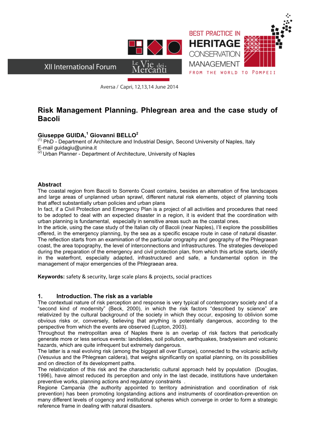 Risk Management Planning. Phlegrean Area and the Case Study of Bacoli