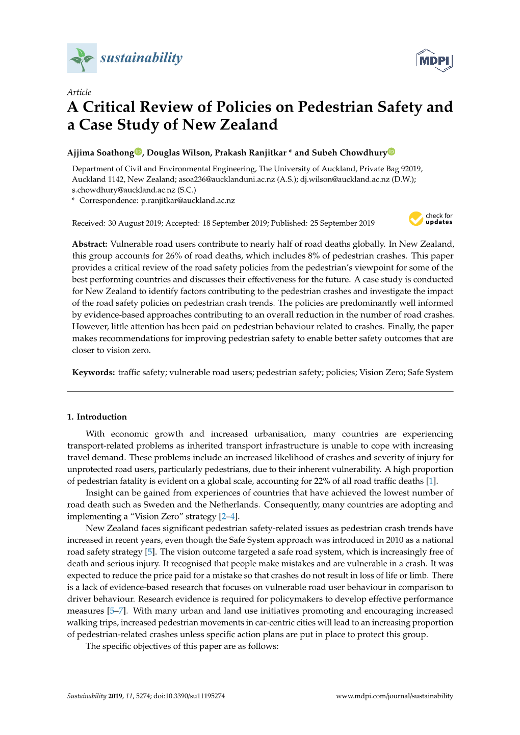 A Critical Review of Policies on Pedestrian Safety and a Case Study of New Zealand