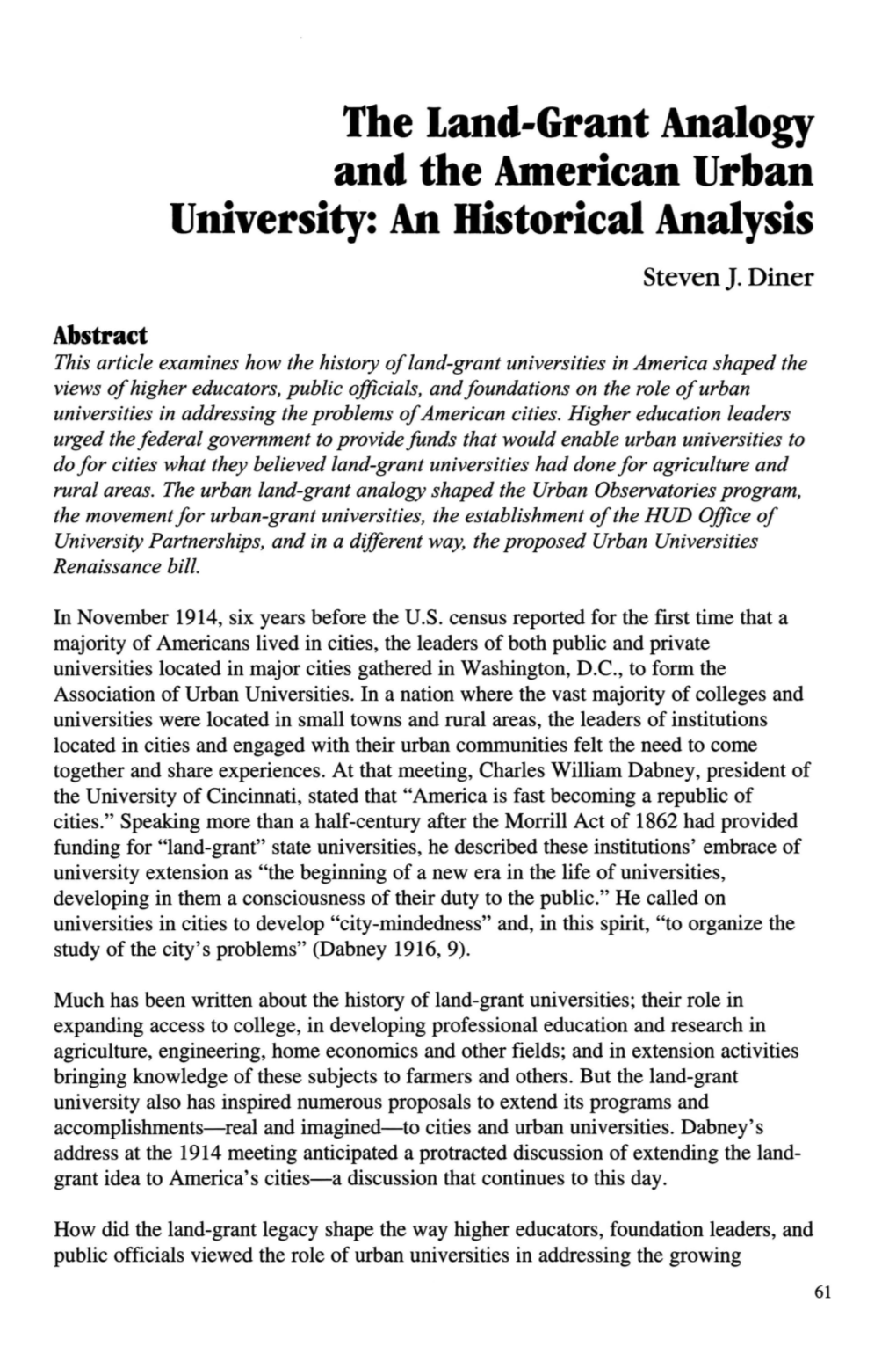 The Land-Grant Analogy and the American Urban University: an Historical Analysis Steven ]