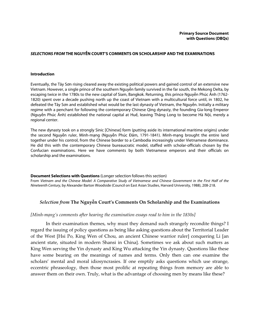 Selection from the Nguyễn Court's Comments on Scholarship and The
