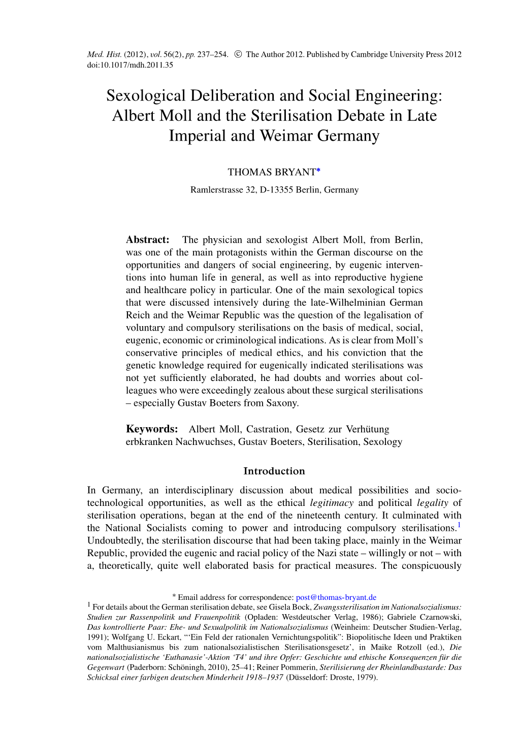 Albert Moll and the Sterilisation Debate in Late Imperial and Weimar Germany
