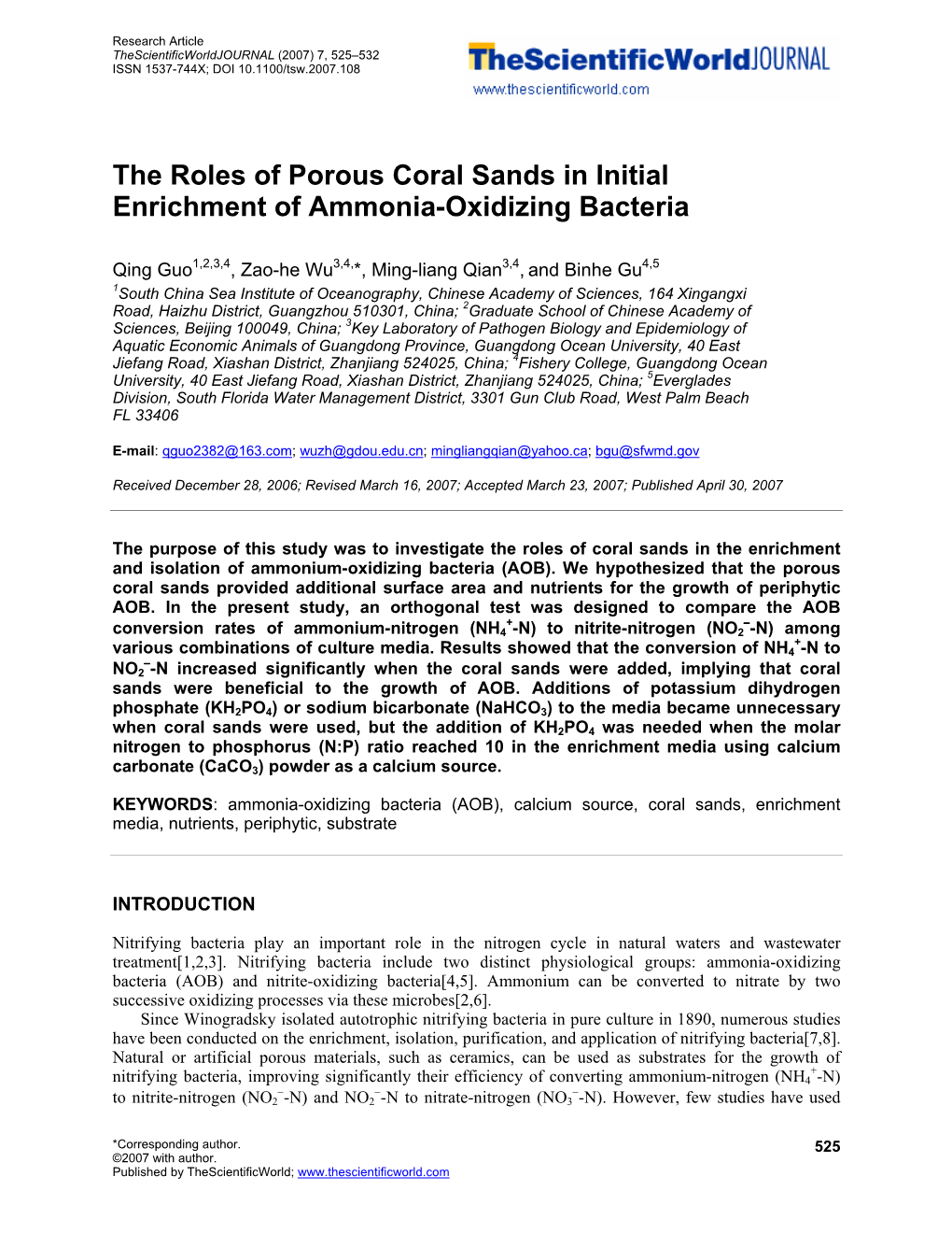 The Roles of Porous Coral Sands in Initial Enrichment of Ammonia-Oxidizing Bacteria