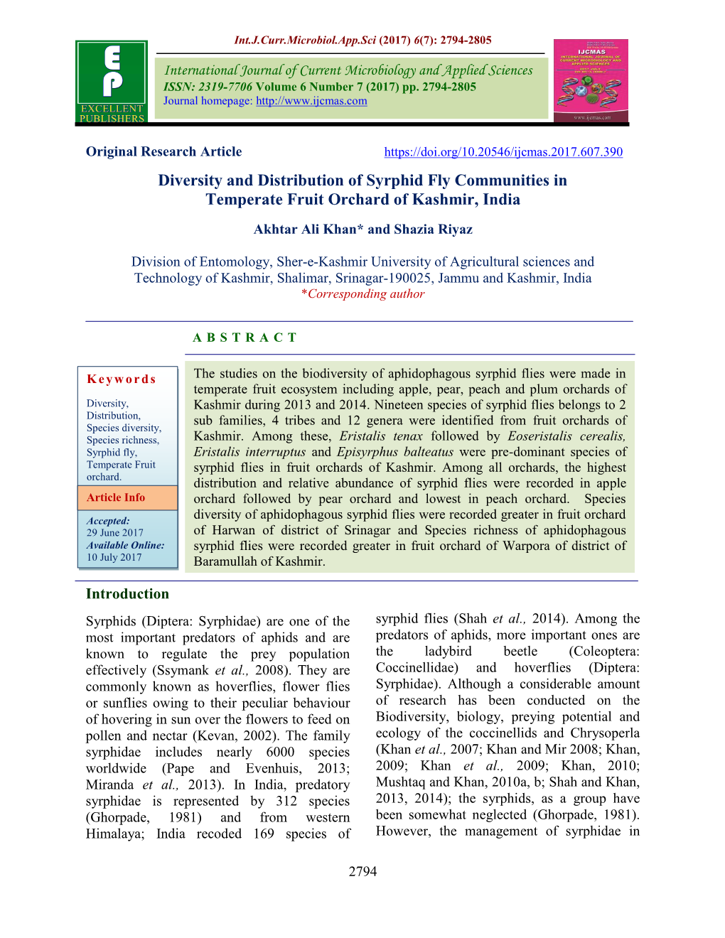 Diversity and Distribution of Syrphid Fly Communities in Temperate Fruit Orchard of Kashmir, India