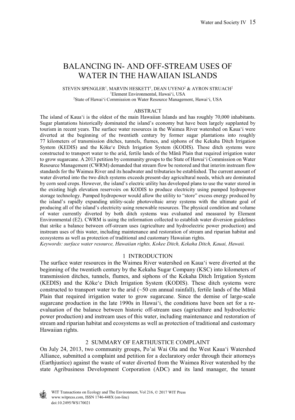 And Off-Stream Uses of Water in the Hawaiian Islands