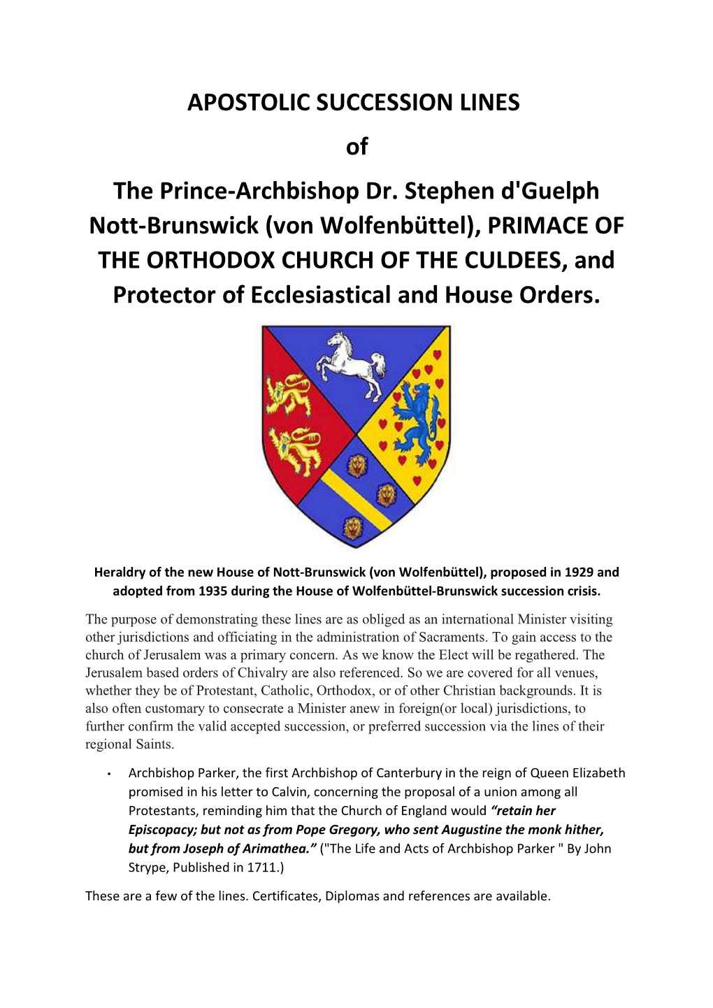 APOSTOLIC SUCCESSION LINES of the Prince-Archbishop Dr. Stephen