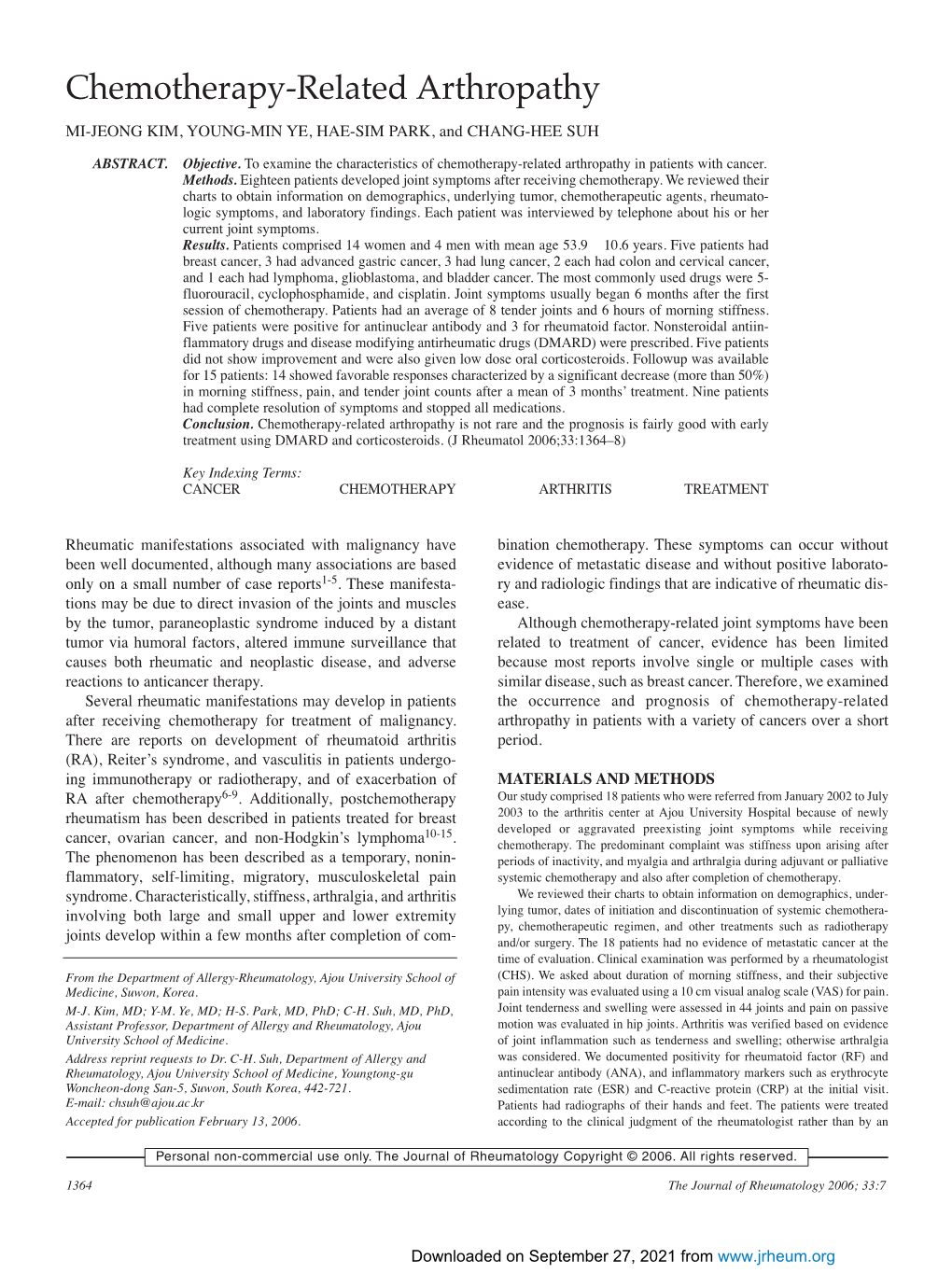 Chemotherapy-Related Arthropathy MI-JEONG KIM, YOUNG-MIN YE, HAE-SIM PARK, and CHANG-HEE SUH