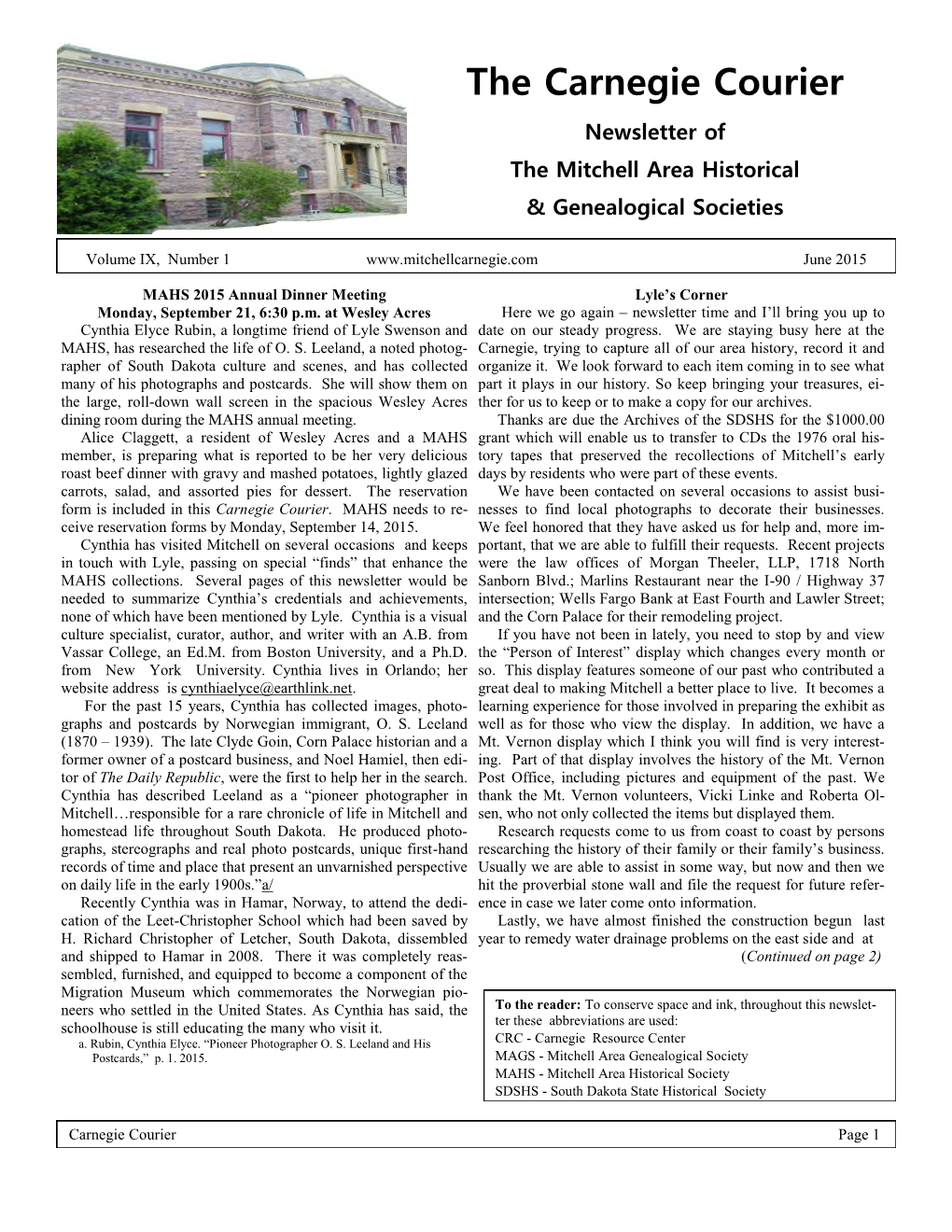 The Carnegie Courier Newsletter of the Mitchell Area Historical & Genealogical Societies