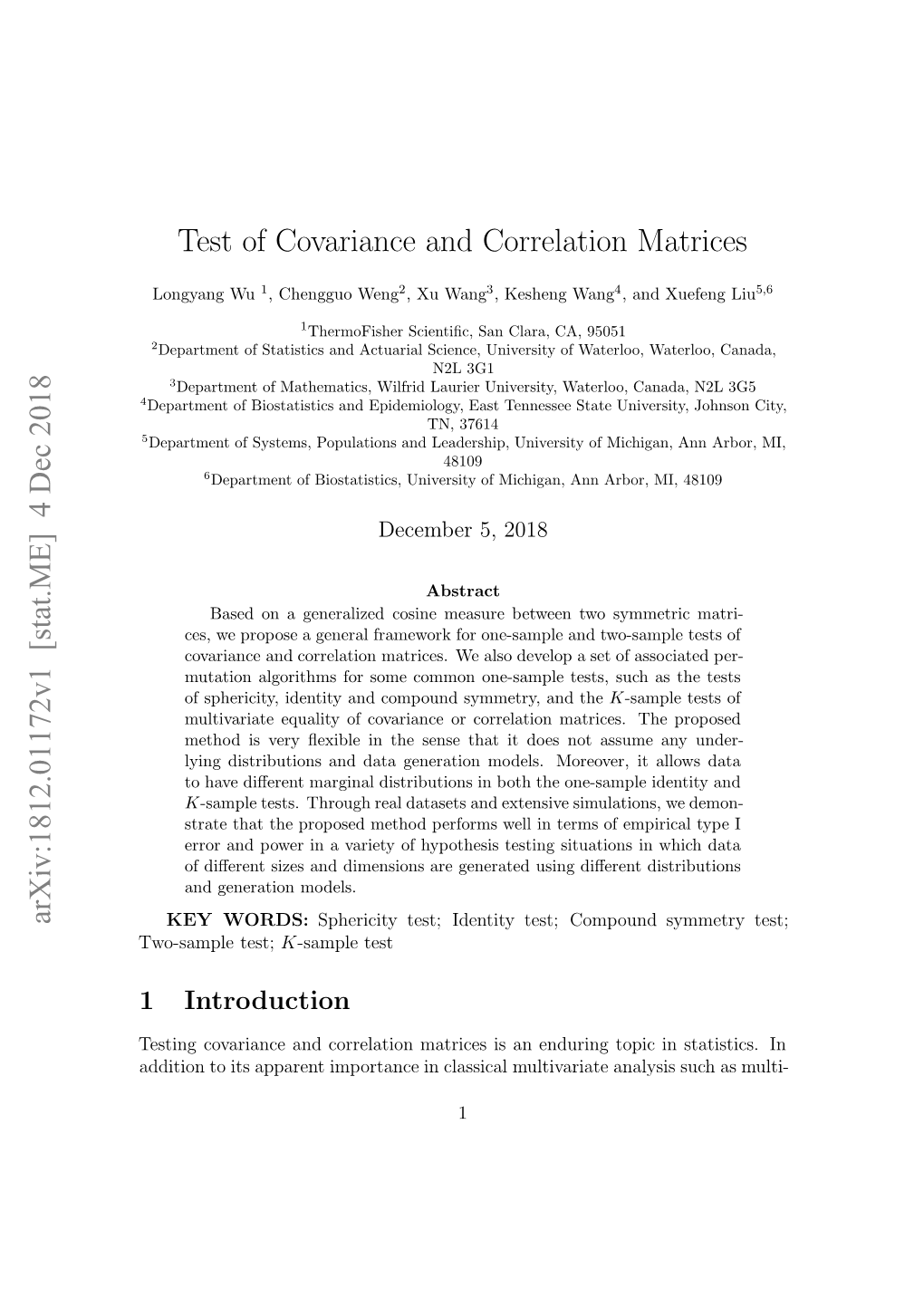 4 Dec 2018 Test of Covariance and Correlation Matrices