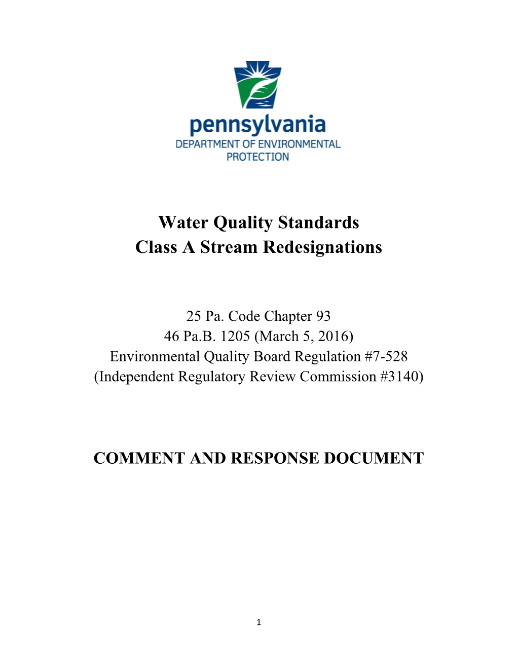 Water Quality Standards Class a Stream Redesignations