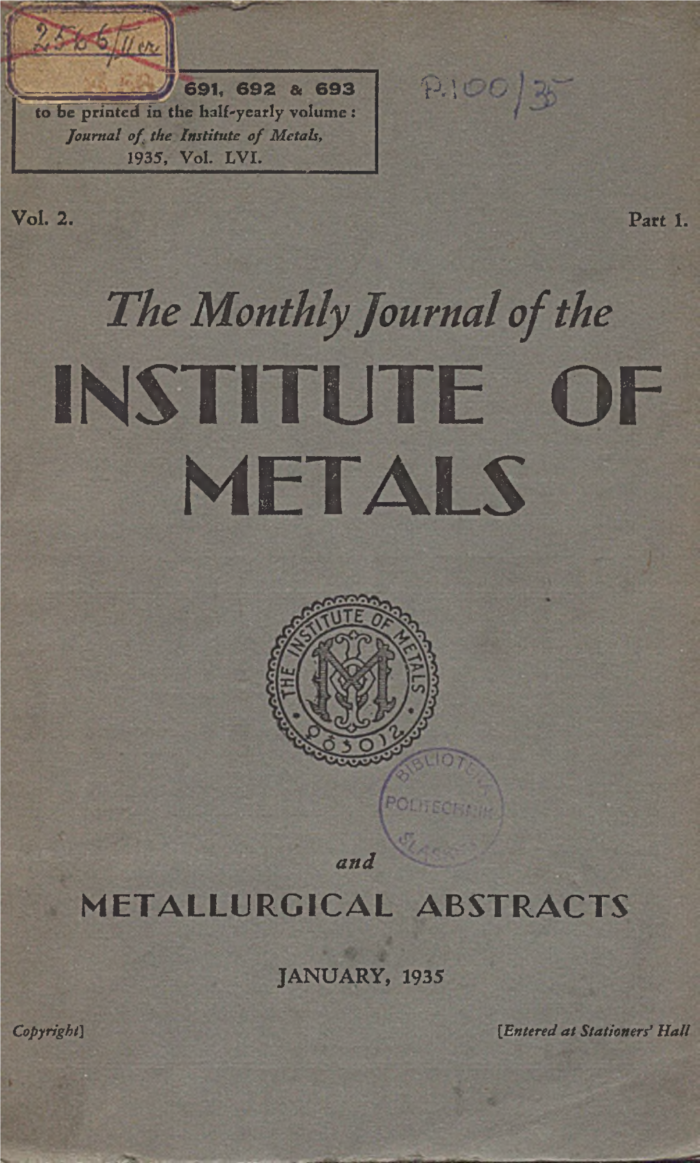 Institute of Metals, 1935, Vol