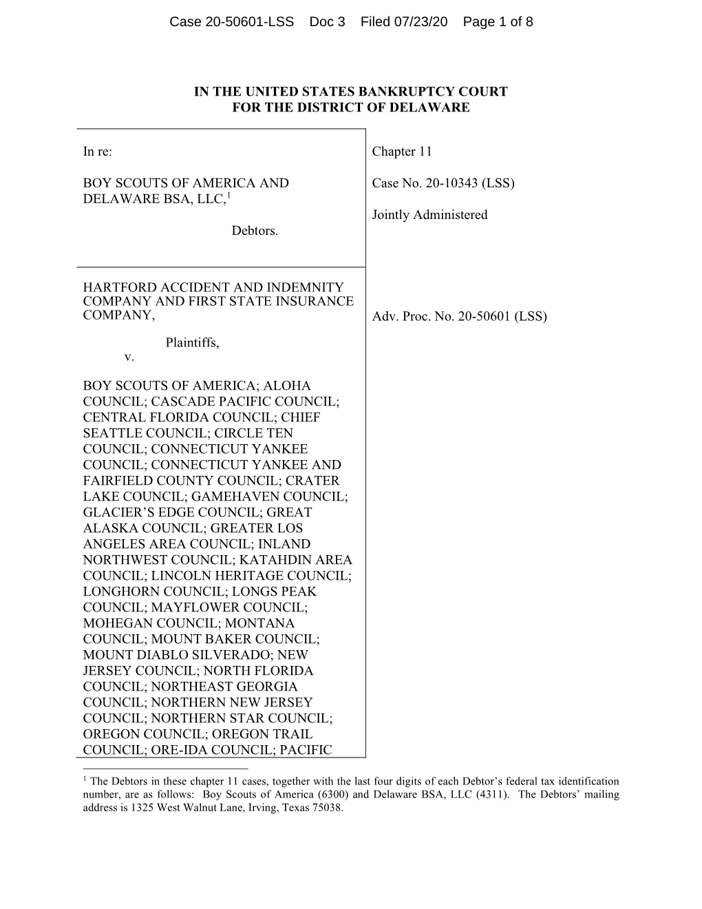 Case 20-50601-LSS Doc 3 Filed 07/23/20 Page 1 of 8