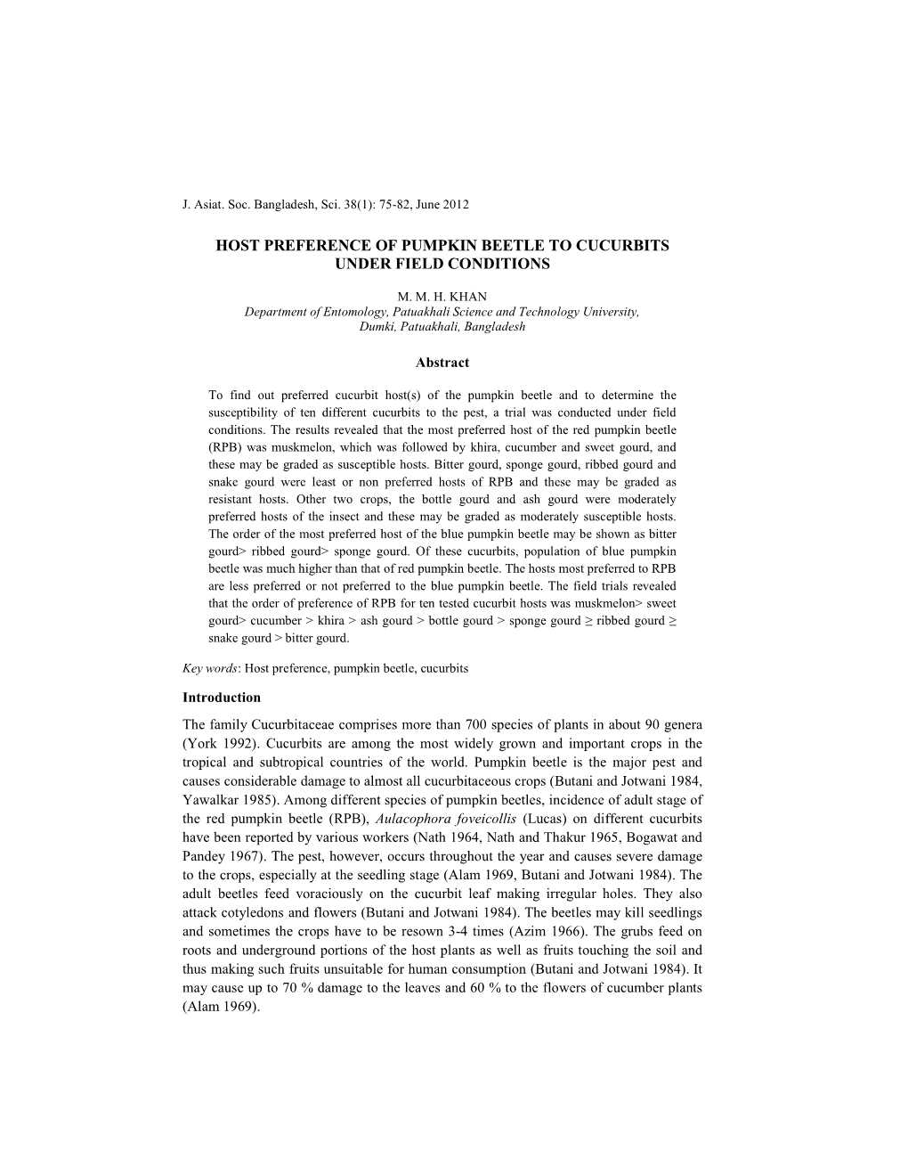 Host Preference of Pumpkin Beetle to Cucurbits Under Field Conditions