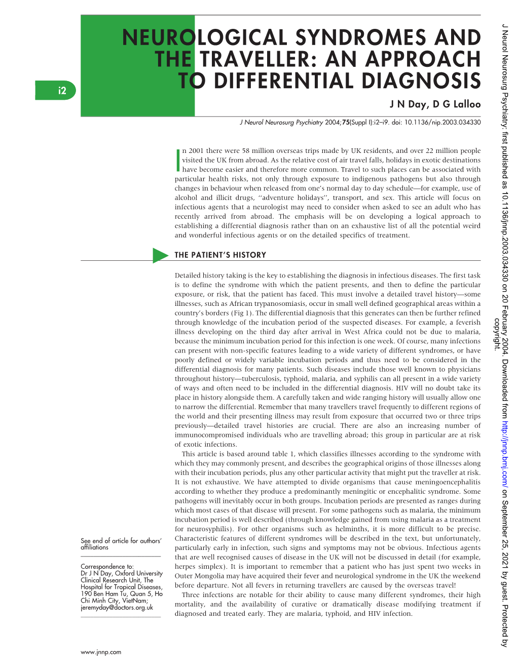 Neurological Syndromes and the Traveller: an Approach to Differential Diagnosis