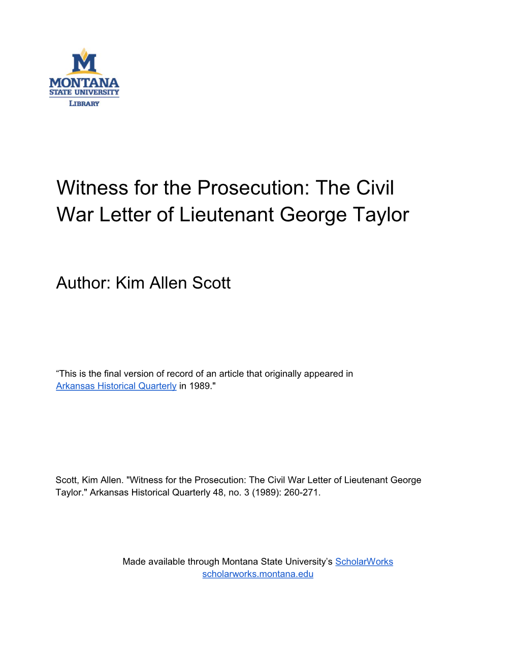 Witness for the Prosecution: the Civil War Letter of Lieutenant George Taylor