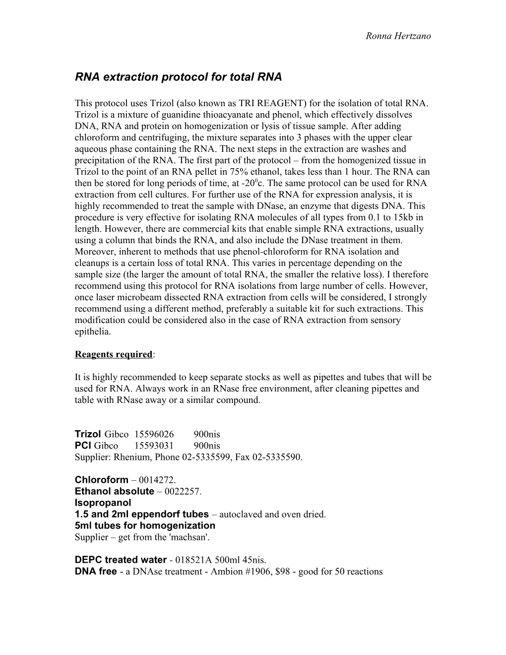 RNA Extraction Protocol For Total RNA