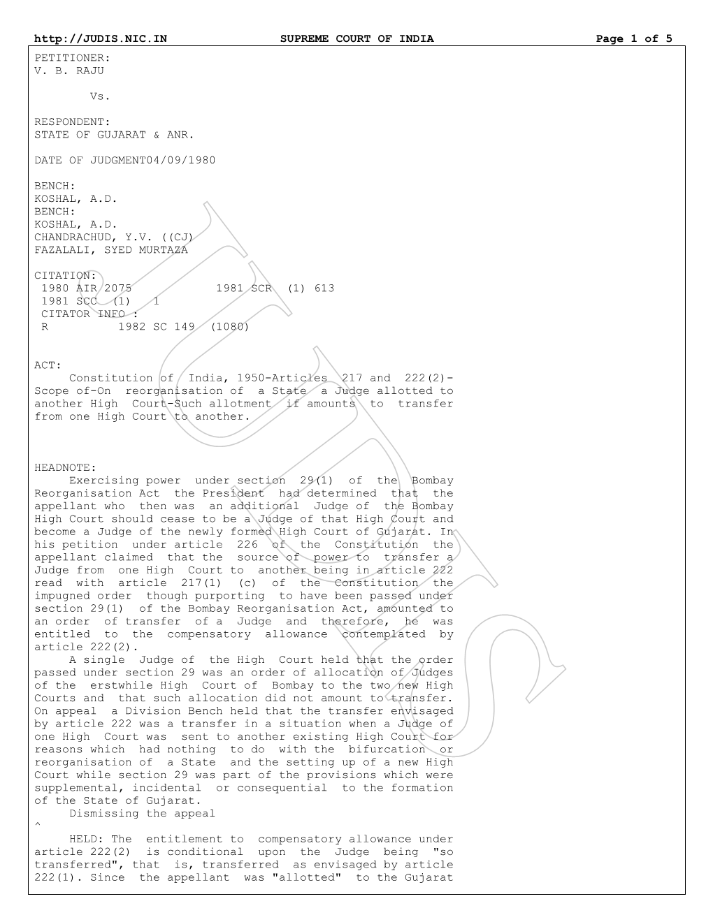 SUPREME COURT of INDIA Page 1 of 5 PETITIONER: V