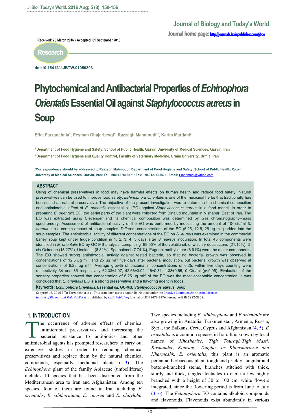 Phytochemical and Antibacterial Properties of Echinophora Orientalis Essential Oil Against Staphylococcus Aureus in Soup