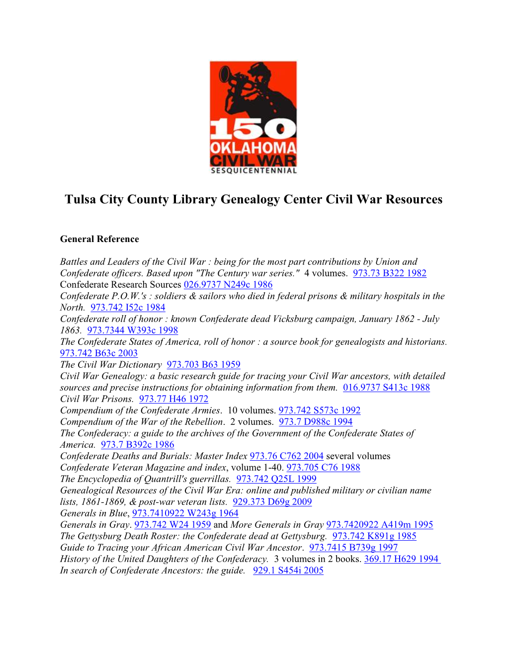 Tulsa City County Library Genealogy Center Civil War Resources