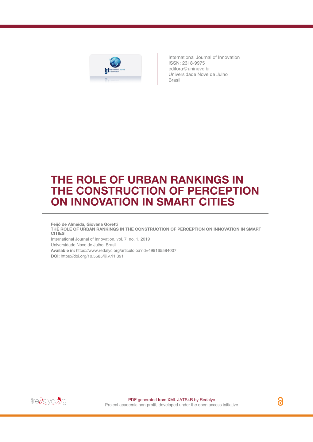 The Role of Urban Rankings in the Construction of Perception on Innovation in Smart Cities