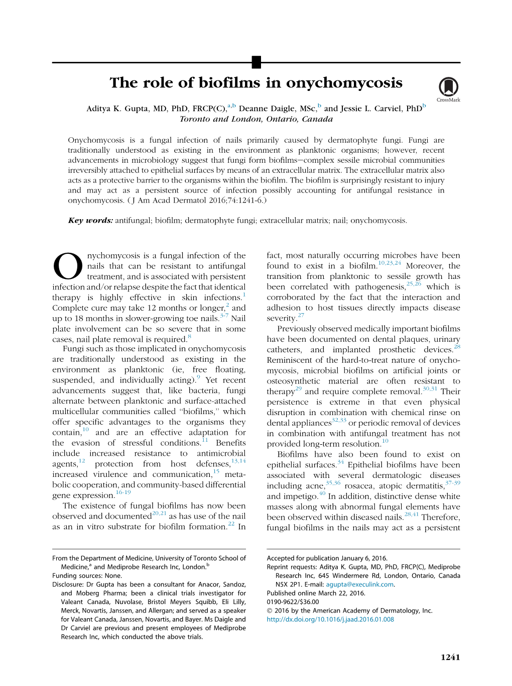 The Role of Biofilms in Onychomycosis