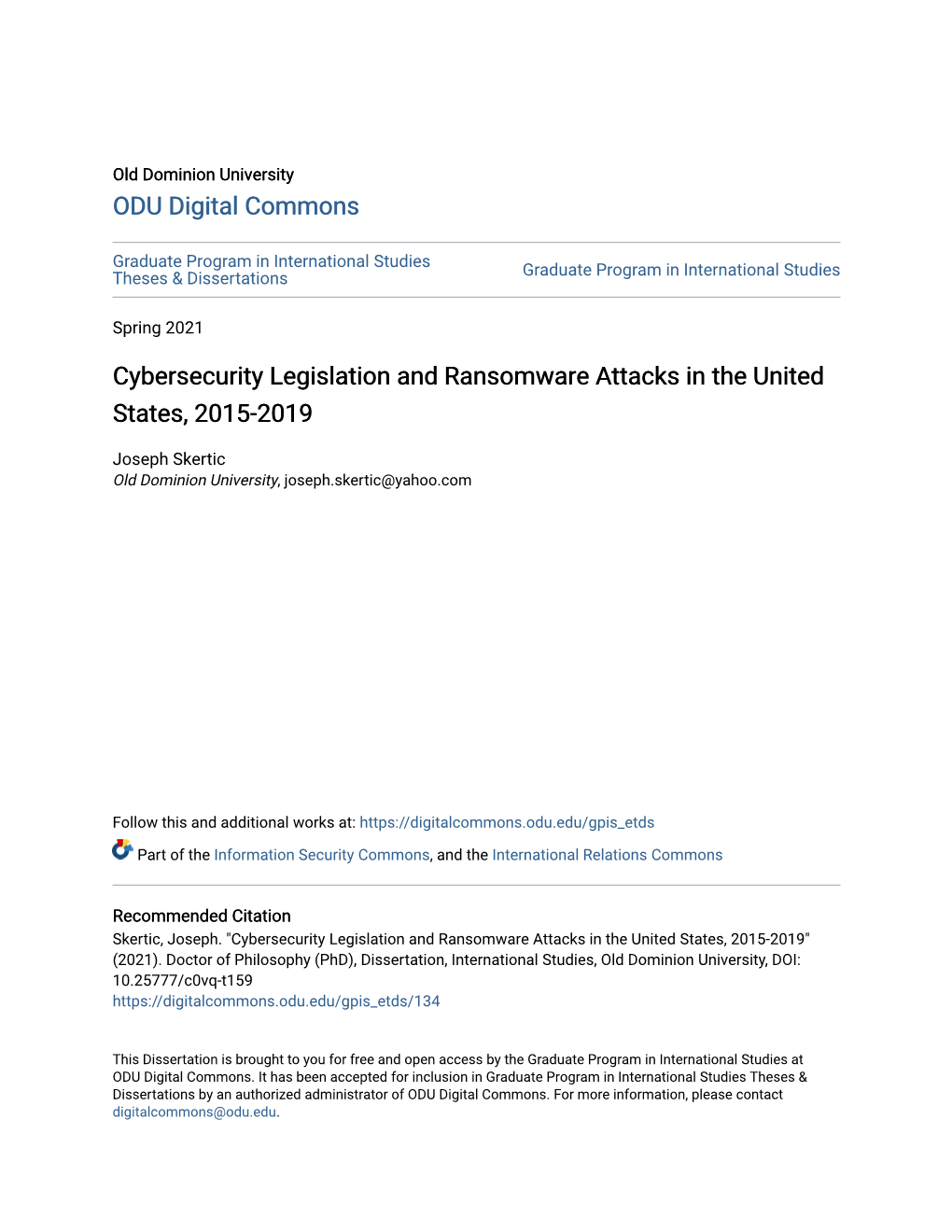 Cybersecurity Legislation and Ransomware Attacks in the United States, 2015-2019