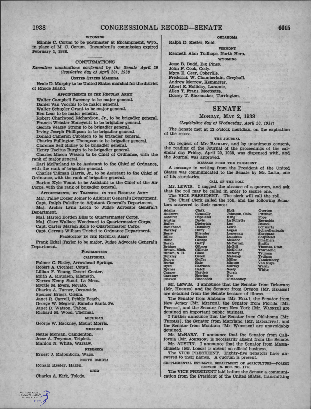 1938 CO.NGRESSIONAL RECORD-SENATE 6015 Wyoliung OKLAHOMA Mi!Lnie C