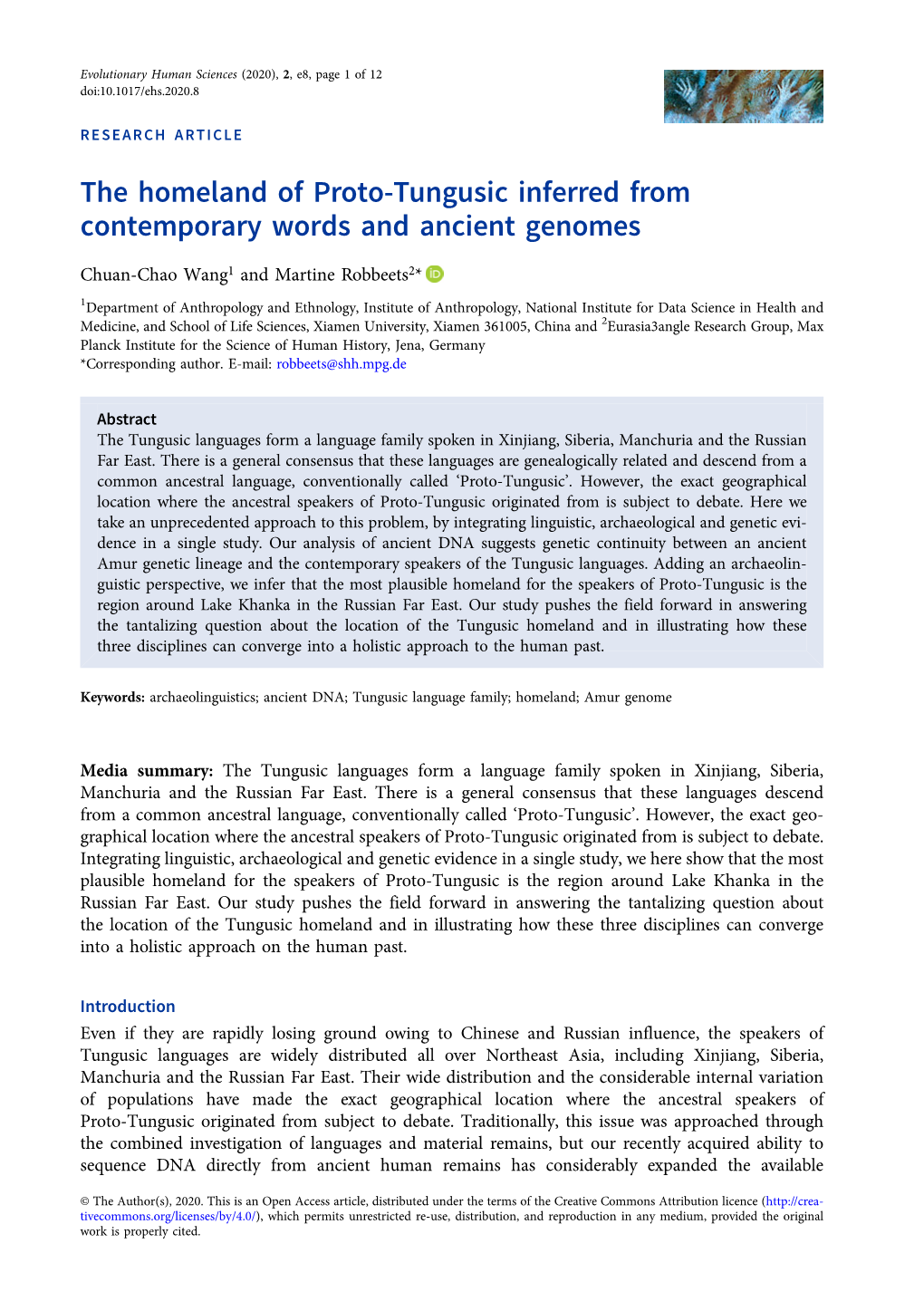 The Homeland of Proto-Tungusic Inferred from Contemporary Words and Ancient Genomes