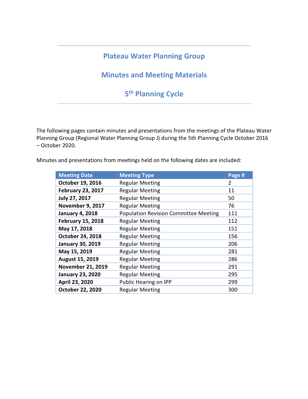 Plateau Water Planning Group Minutes and Meeting Materials 5Th