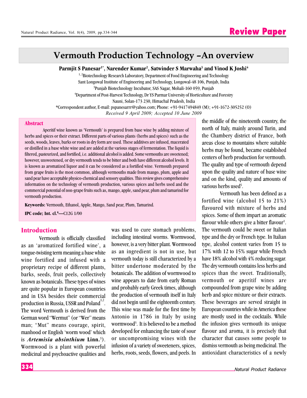 Review Paper Vermouth Production Technology –An Overview