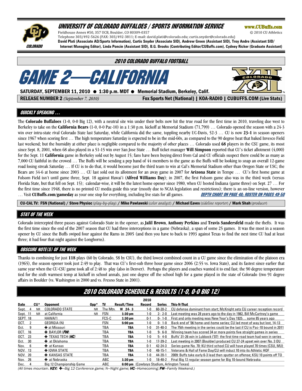 GAME 2—CALIFORNIA SATURDAY, SEPTEMBER 11, 2010 � 1:30 P.M