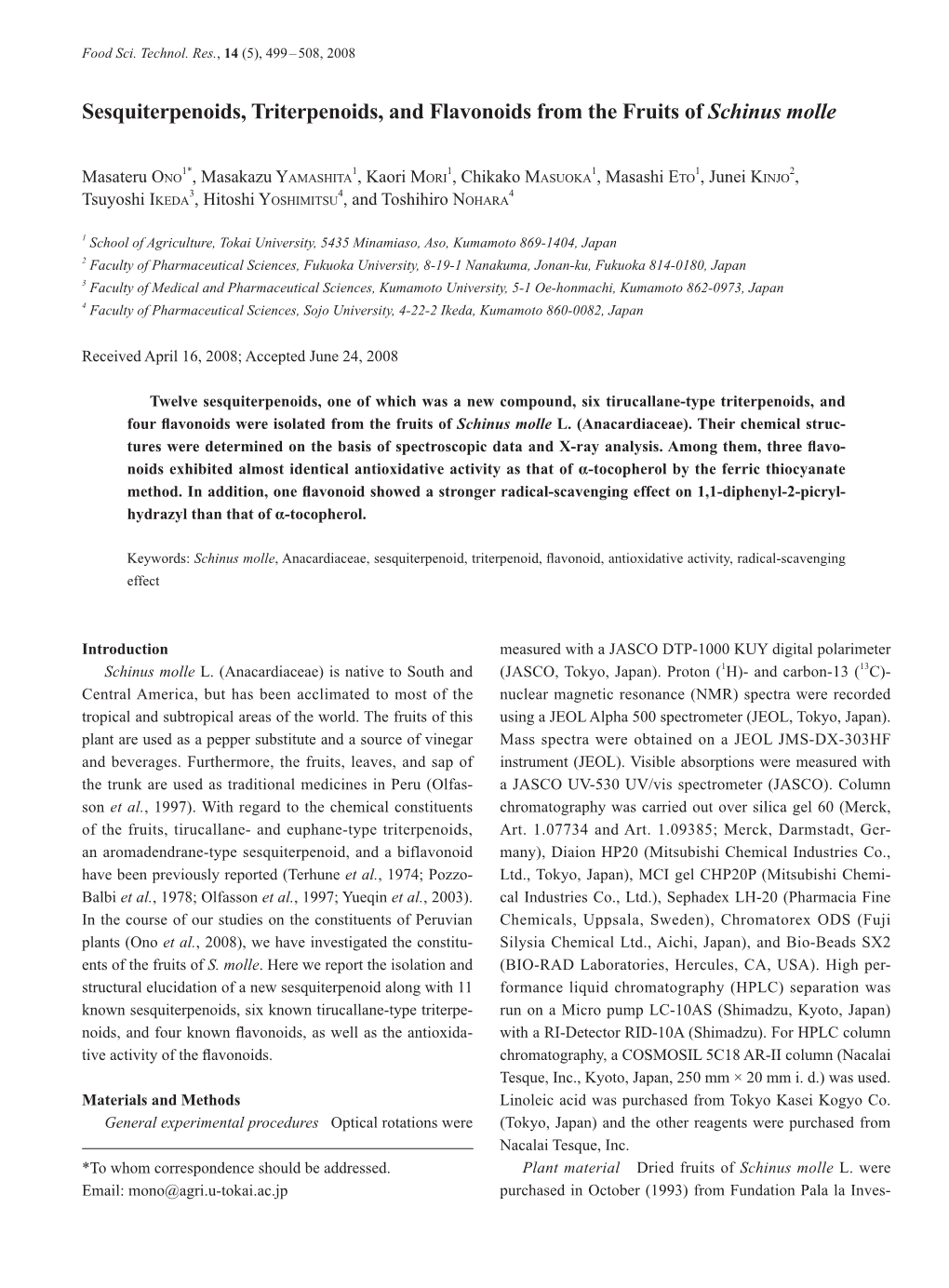 Sesquiterpenoids, Triterpenoids, and Flavonoids from the Fruits of Schinus Molle