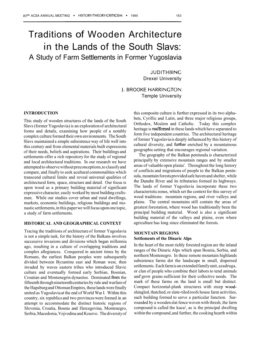 Traditions of Wooden Architecture the Lands of the South Slavs: a Study of Farm Settlements in Former Yugoslavia