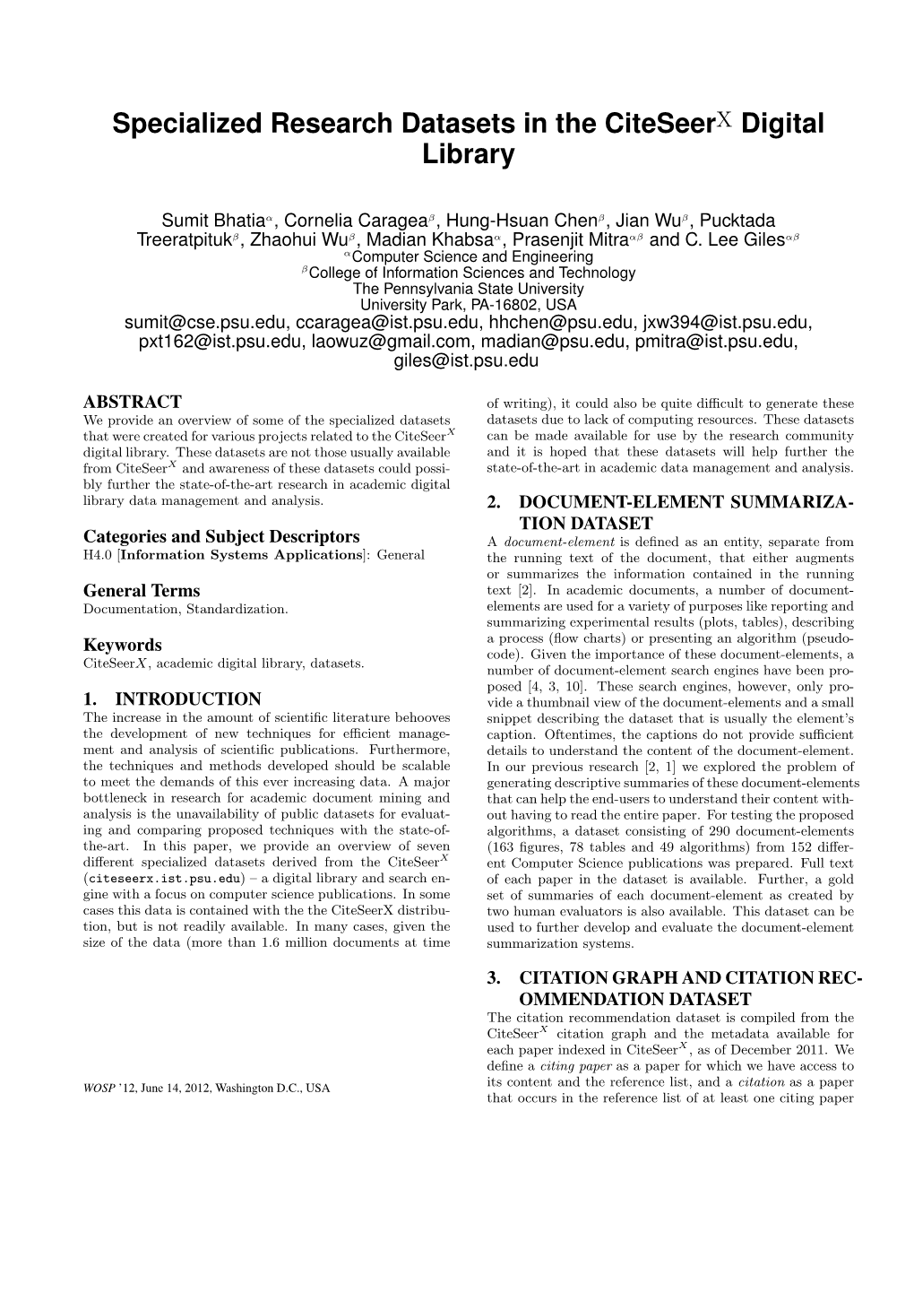 Specialized Research Datasets in the Citeseerx Digital Library