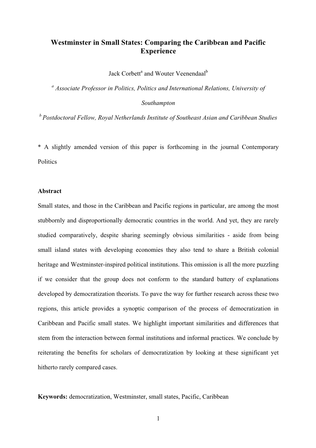 Westminster in Small States: Comparing the Caribbean and Pacific Experience