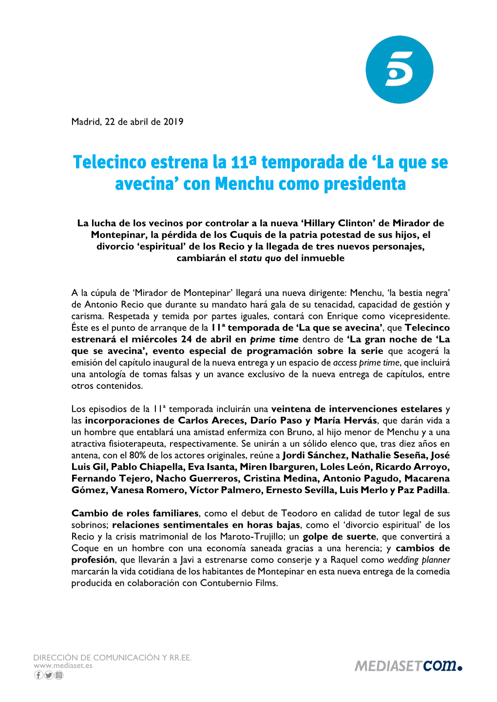 Telecinco Estrena La 11ª Temporada De 'La Que Se Avecina' Con Menchu