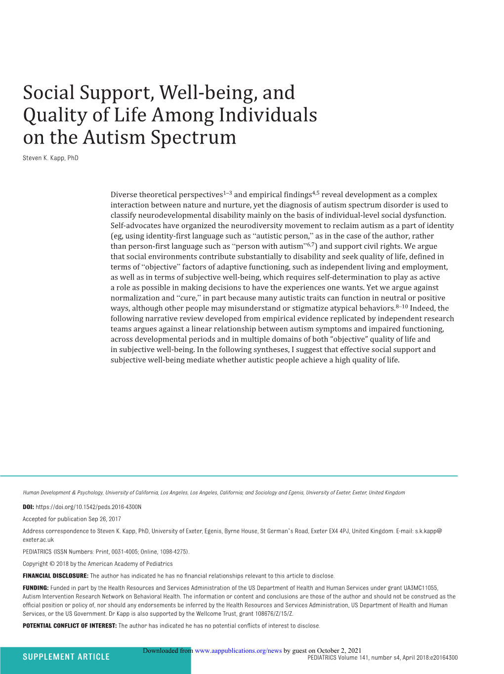 Social Support, Well-Being, and Quality of Life Among Individuals on the Autism Spectrum Steven K