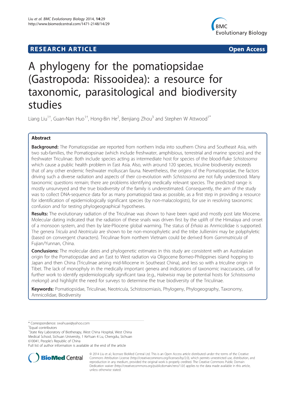 A Phylogeny for the Pomatiopsidae (Gastropoda: Rissooidea): a Resource for Taxonomic, Parasitological and Biodiversity Studies