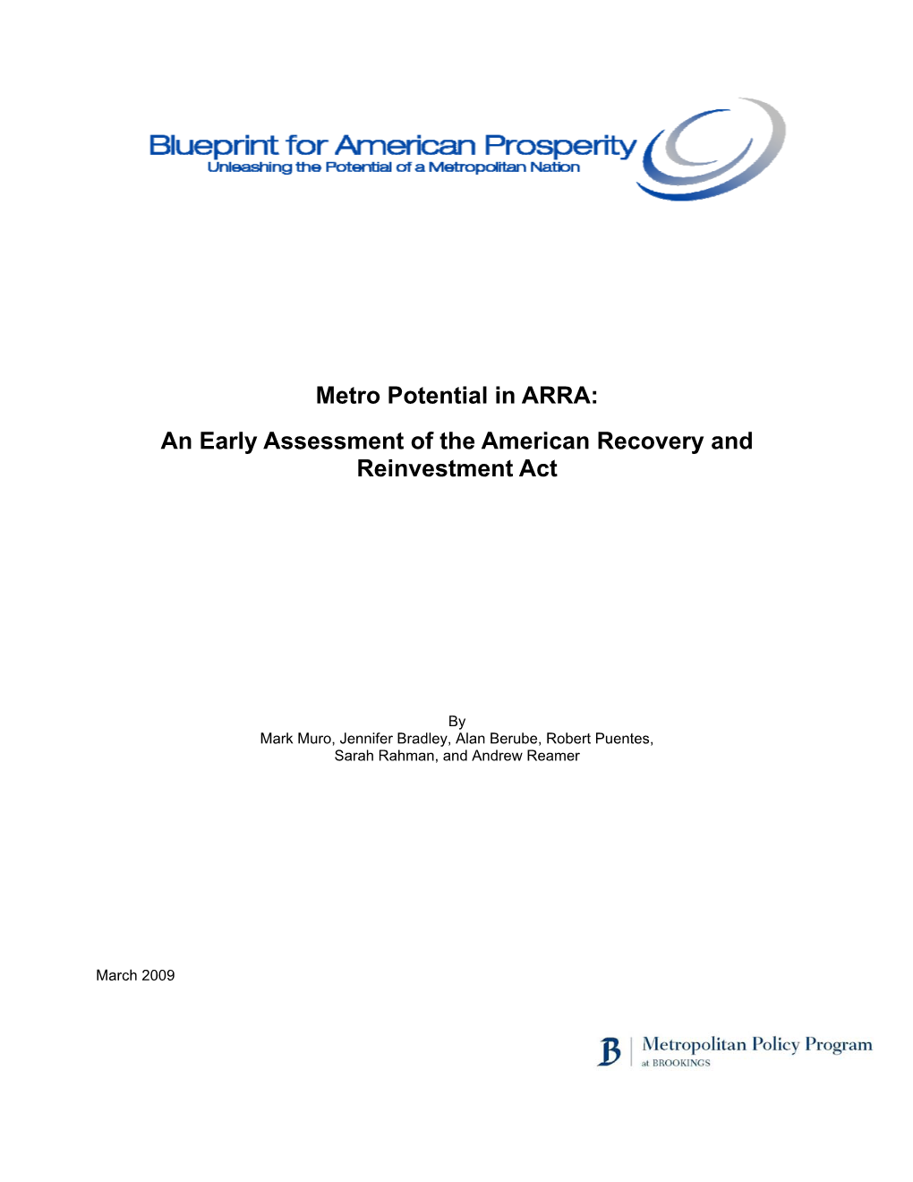 Metro Potential in ARRA: an Early Assessment of the American Recovery and Reinvestment Act