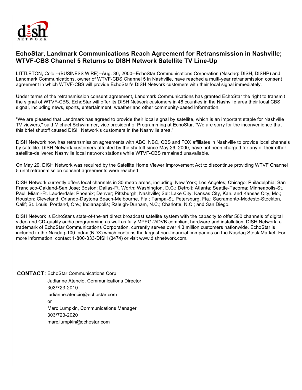 Echostar, Landmark Communications Reach Agreement for Retransmission in Nashville; WTVF-CBS Channel 5 Returns to DISH Network Satellite TV Line-Up