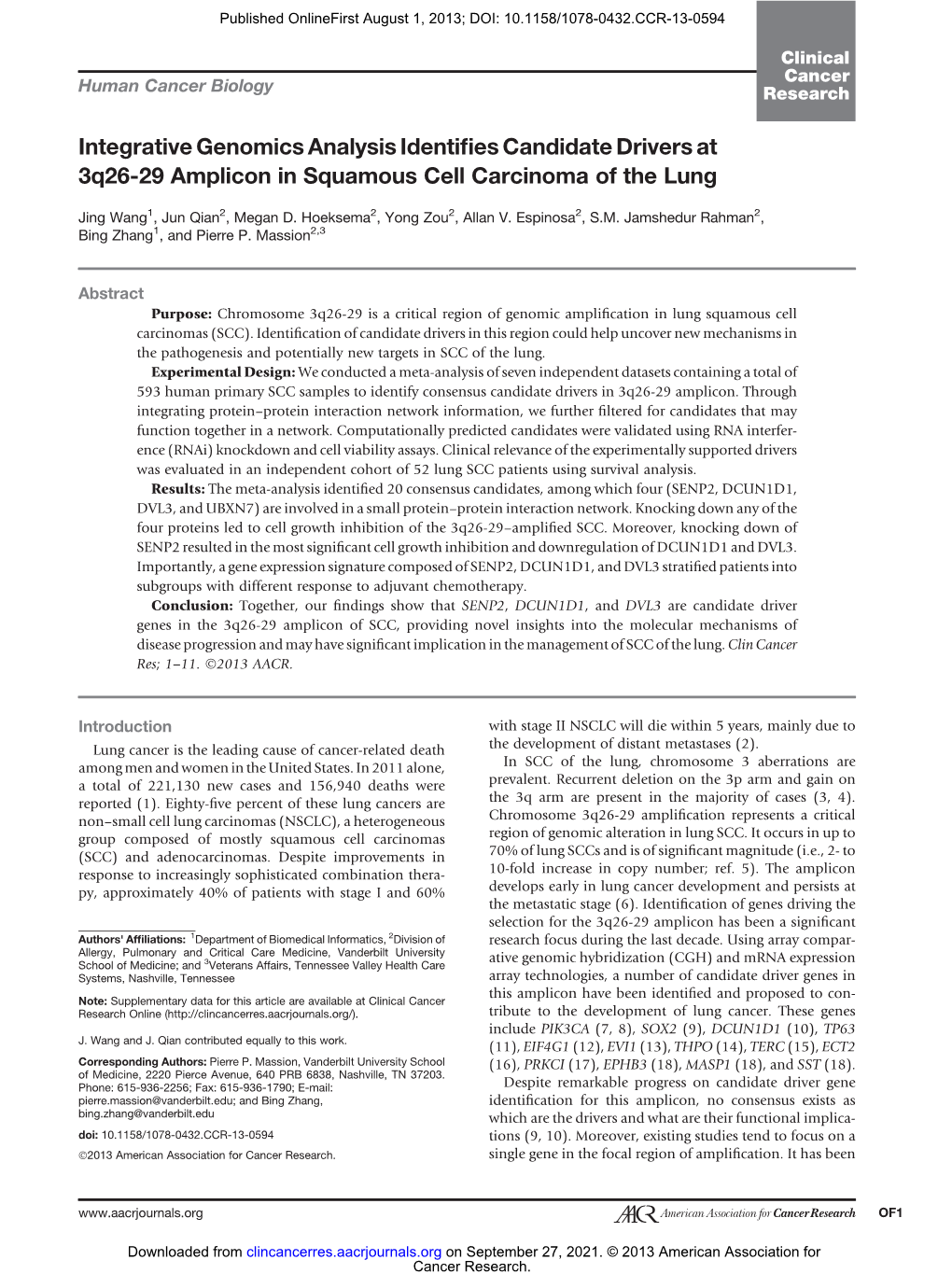 Integrative Genomics Analysis Identifies Candidate Drivers at 3Q26-29 Amplicon in Squamous Cell Carcinoma of the Lung