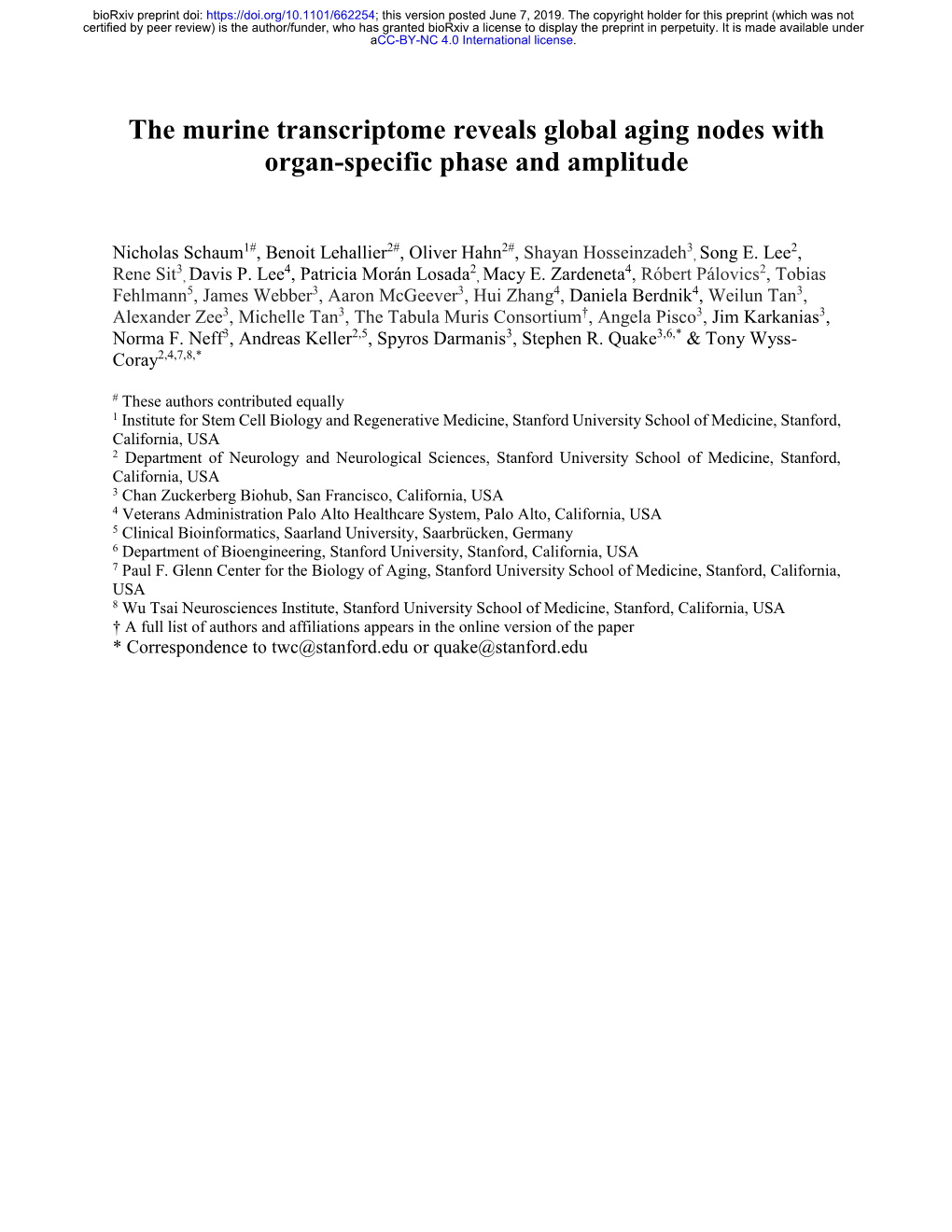 The Murine Transcriptome Reveals Global Aging Nodes with Organ-Specific Phase and Amplitude