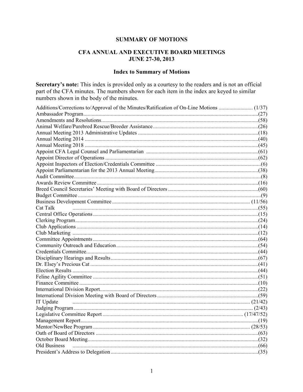 This Index Is Provided Only As a Courtesy to the Readers and Is Not an Official Part of the CFA Minutes