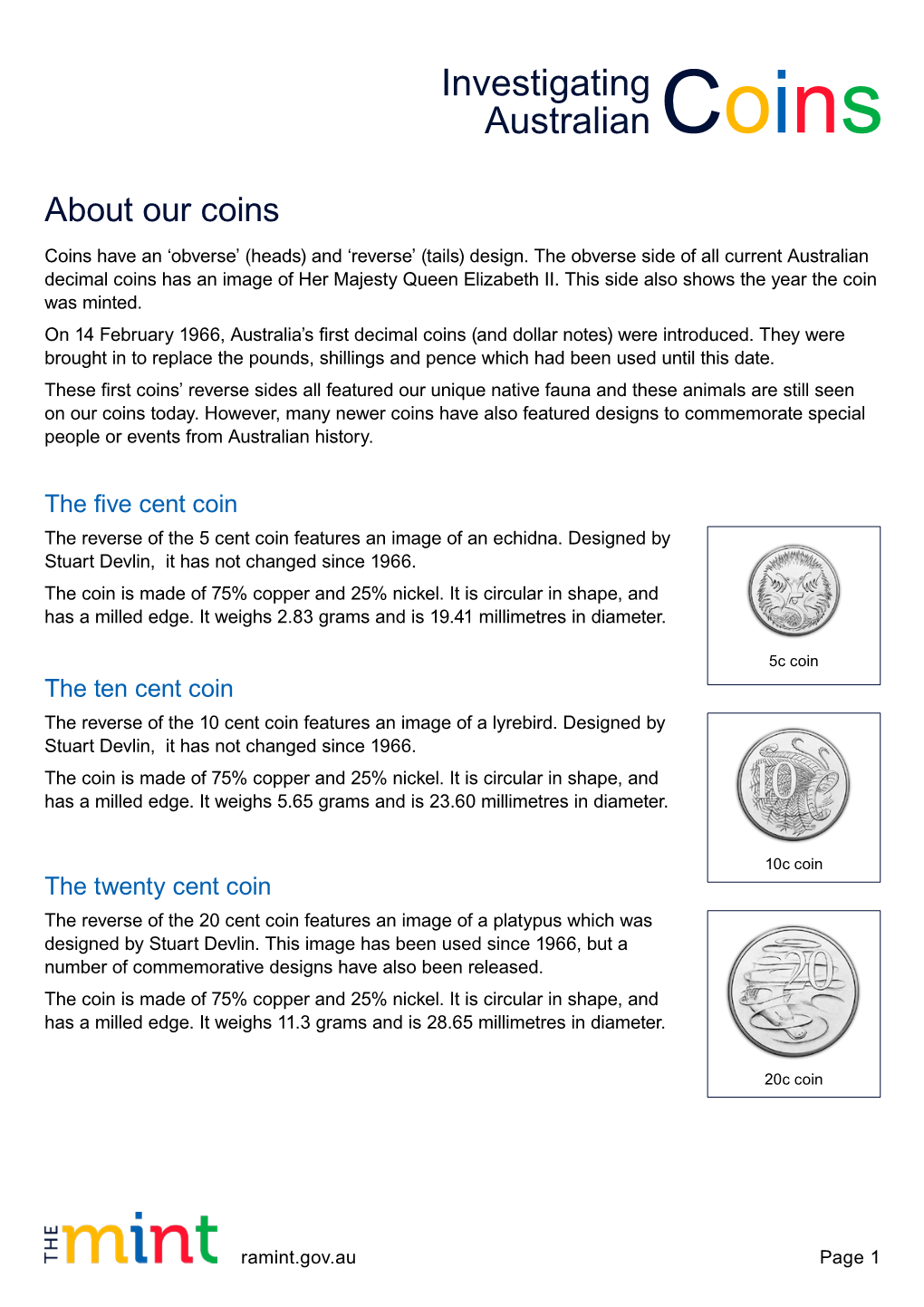 About Our Coins Coins Have an ‘Obverse’ (Heads) and ‘Reverse’ (Tails) Design